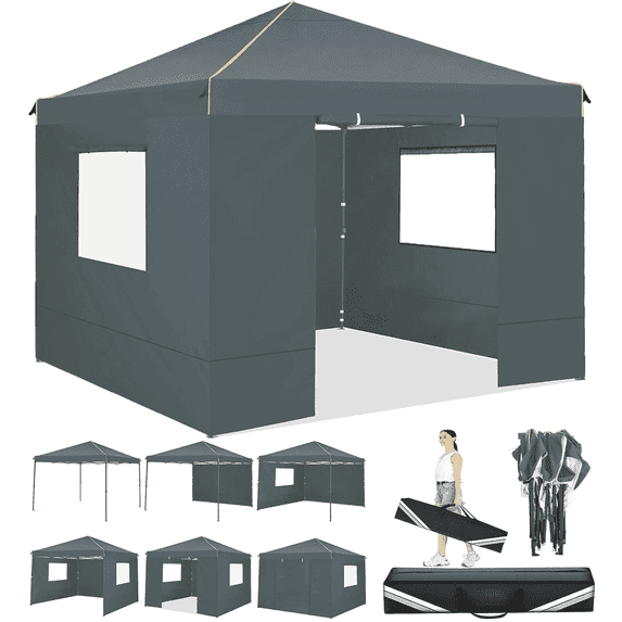COBIZI 10X10 Pop Up Canopy Tent for Party EZ Outdoor Canopy Portable Commercial Instant Canopy Shelter Tent Waterproof Gazebo Heavy Duty Canopy with 4 Sidewalls Carry Bag,Gray