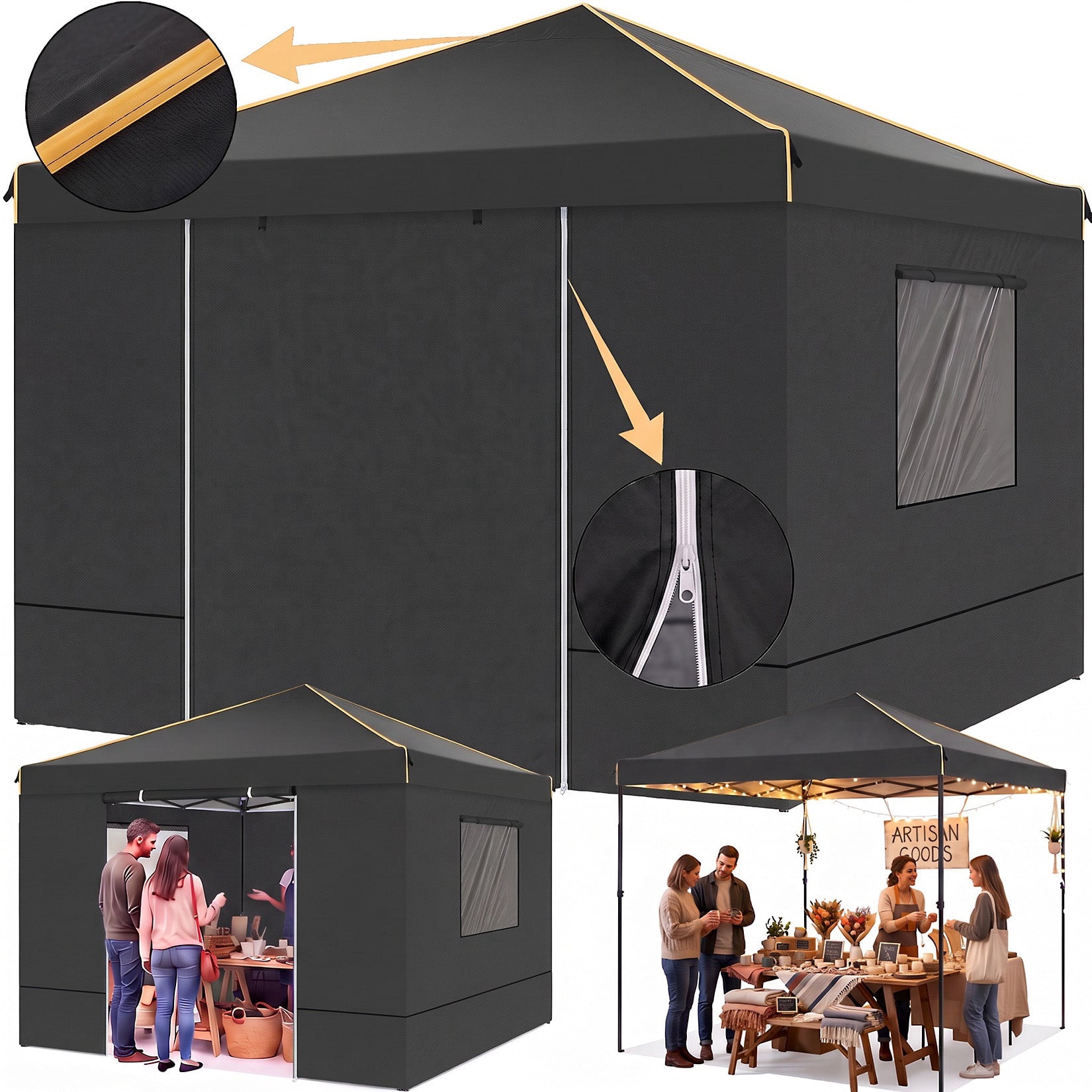 COBIZI 10'x 10' Pop up Canopy Tent, Waterproof Outdoor Tent with 4 Sidewalls and Carry Bag, Black
