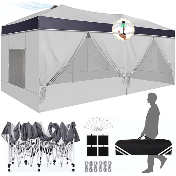 COBIZI 10'x 20' Pop-up Canopy Tent, 1-Push Center Lock, Air Vent, 6 Removable Sidewalls, Gray