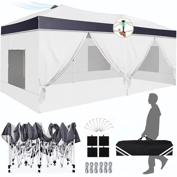 COBIZI 10'x 20' Pop-up Canopy Tent, 1-Push Center Lock, Air Vent, 6 Removable Sidewalls, White
