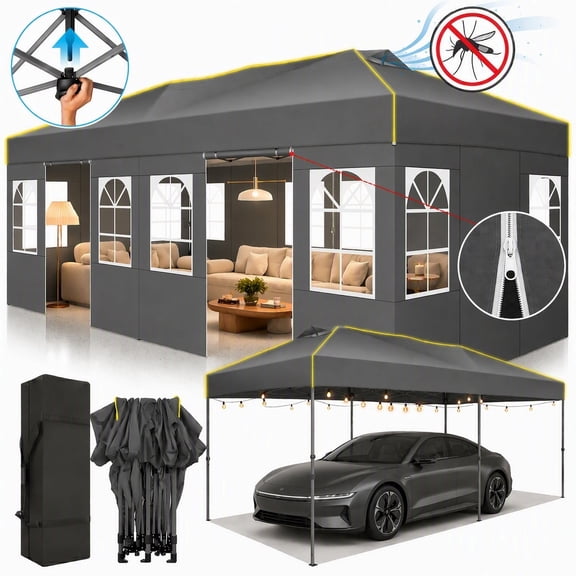 COBIZI 10x20 FT Pop Up Canopy Tent, Waterproof with Mesh-Screened Vents & 6 Removable Sidewalls, One-Push Setup, UPF 50+, 3-Level Adjustable Height, Carry Bag, Sandbags, Stakes & Ropes, Gray