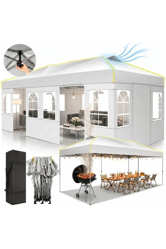 10x20 Pop Up Canopy Tent with 6 Removable Sidewalls, One-Push Setup, Waterproof UPF 50+, Air Vent, 3 Heights, Carry Bag, Sandbags, Stakes & Ropes for Parties, Commercial & Wedding, White