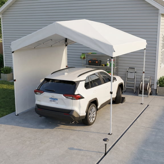 COBIZI 10x10 Pop Up Canopy with One Push Setup 1 Sidewall 3 Adjustable Heights Portable Garage Outdoor Sun Shade for Events Parties Camping Gazebo, with COBIZI Cover Bag, White