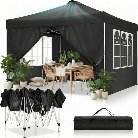 COBIZI 10x10 EZ Pop up Canopy Gazebo with Sidewalls,Pop up Canopy Tent Instant Shelter for Outdoor Party Camping Backyard Beach with Air Vent ,Carry Bag,Stakes,Ropes,Black