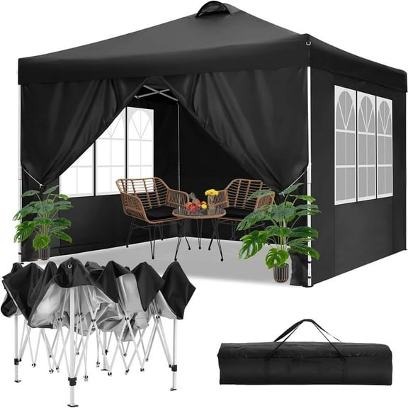 COBIZI 10x10 EZ Pop up Canopy Gazebo with Sidewalls,Pop up Canopy Tent Instant Shelter for Outdoor Party Camping Backyard Beach with Air Vent ,Carry Bag,Stakes,Ropes,Black