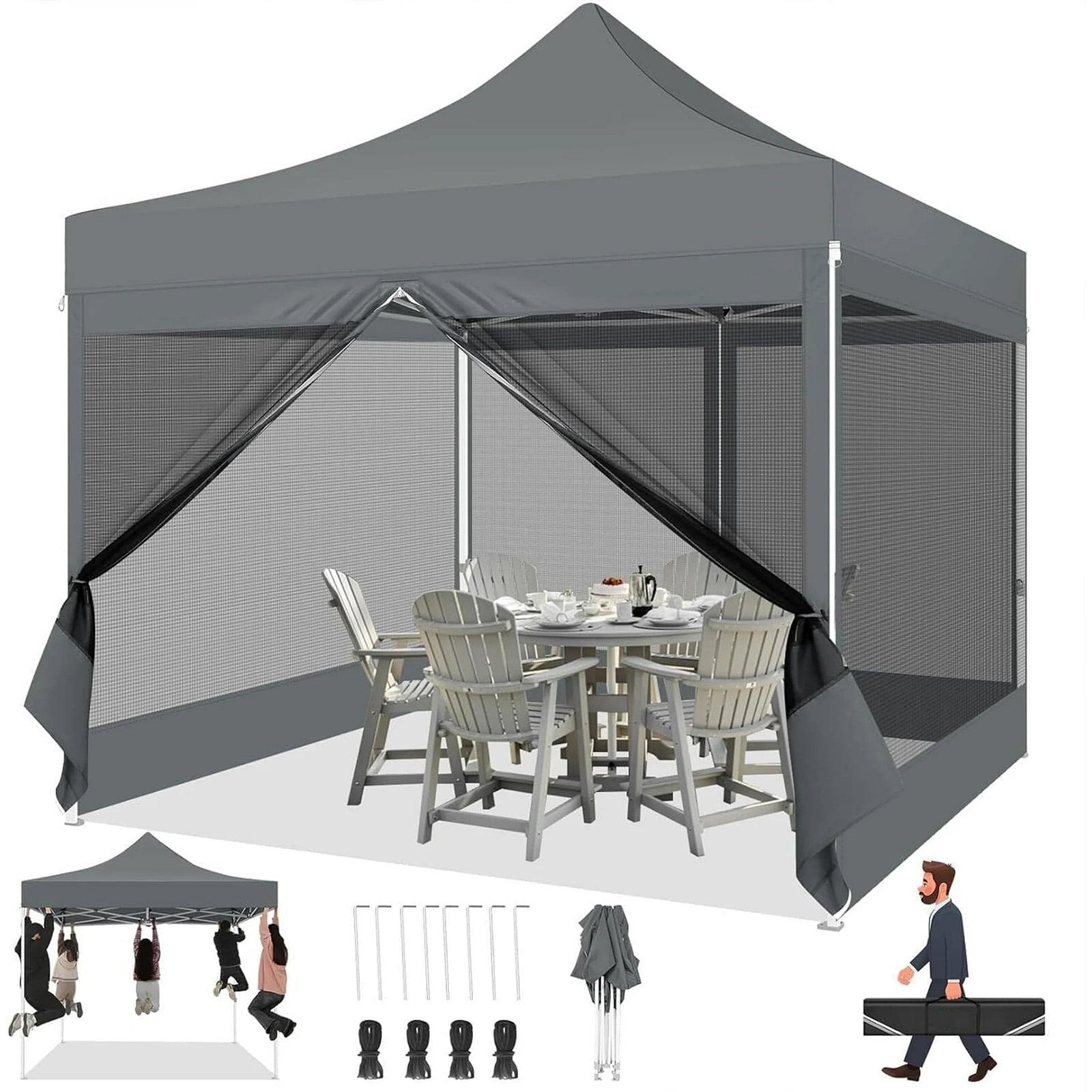 Gray 10x10 Metal Frame Pop-Up Canopy with Mesh Sidewalls