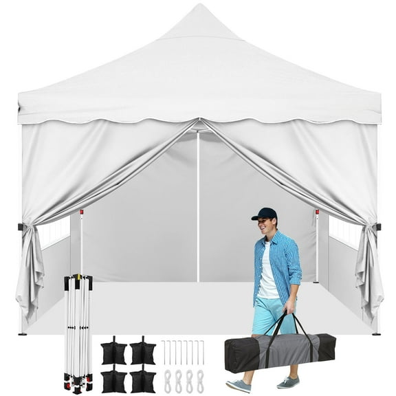 COBIZI 10x10 Pop up Canopy with 4 Removable Sidewalls, Sandbags, Stakes & Ropes, Upf 50+ Easy Setup Canopy Tent Waterproof Outdoor Instant Portable Shelter for Business, Events, Vendor, White