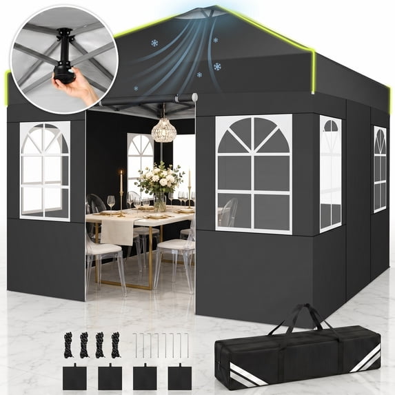 COBIZI 10x10 Pop Up Canopy Tent with 4 Sidewalls, One-Push Setup, Glow Strips, 3 Heights, Air Vent, Waterproof UPF 50+, Carry Bag, Sandbags, Stakes & Ropes for Outdoor Party & Beach, Black