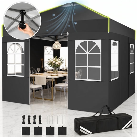 COBIZI 10x10 Pop Up Canopy Tent with 4 Sidewalls, One-Push Setup, Glow Strips, 3 Heights, Air Vent, Waterproof UPF 50+, Carry Bag, Sandbags, Stakes & Ropes for Outdoor Party & Beach, Black