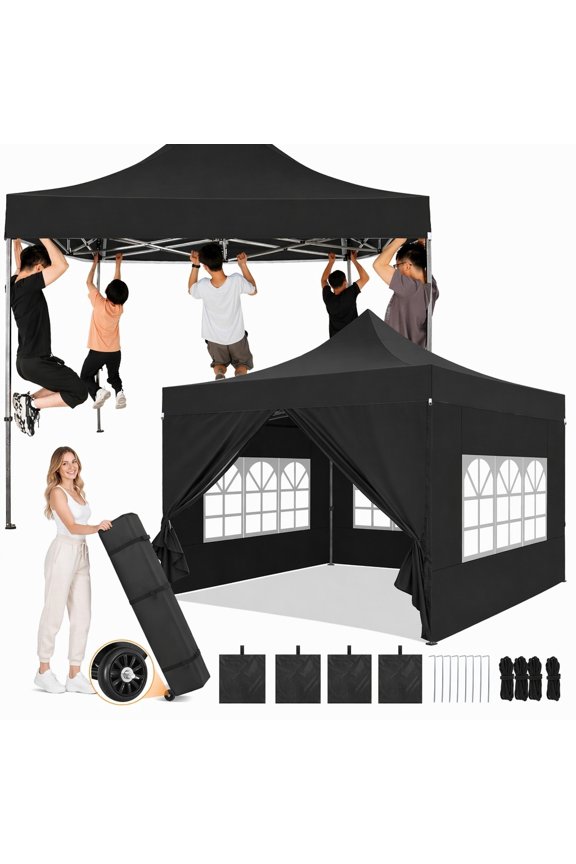 10x10FT Heavy Duty Pop-Up Canopy Tent with 4 Sidewalls, Waterproof & Windproof, UPF 50+ UV Protection, Instant Setup Outdoor Party Gazebo with Roller Bag, Black