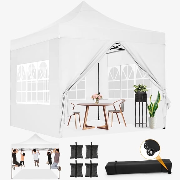 COBIZI 10x10 Pop up Canopy Commercial Heavy Duty Canopy Tent with 4 sidewalls Easy Up Outdoor Party Tent Instant Canopy All Season Windproof & Waterproof Canopy with Roller Bag,White(Frame Thickened)