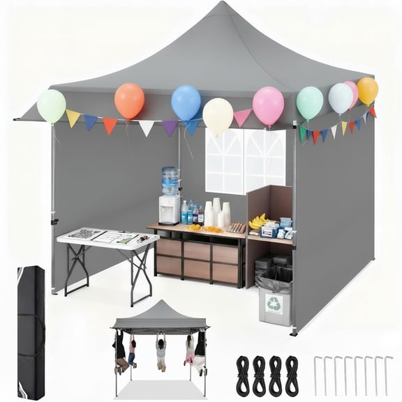 COBIZI 10x10 Heavy Duty Pop Up Canopy, Waterproof 420D Oxford, UPF 50+,Removable Awning and Sidewalls, Easy Setup Outdoor Tent for Wedding/Market/Backyard, with Storage Bag, Gray
