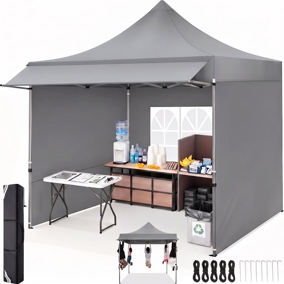 COBIZI 10x10 Heavy Duty Pop up Canopy with Awning and Sidewalls, Easy Setup, Waterproof Tent, UPF 50+, Gray
