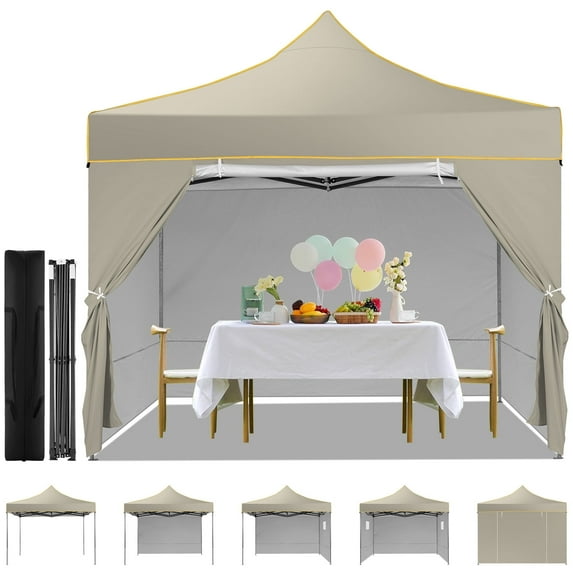 COBIZI 10x10 Pop up Canopy Outdoor Heavy Duty Tents for Party,Camping,Commercial,Waterproof Gazebo with 4 Removable Sidewalls, Carry Bag, Khaki(Upgraded Frame&Windproof)