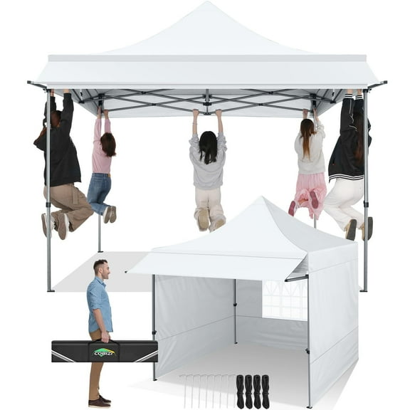 COBIZI 10x10 Pop Up Canopy Tent with Awning,Heavy Duty Canopy UPF 50+ All Season Wind Waterproof Commercial Outdoor Street Vendors Party Tents for Parties Canopy with Carry Bag(10 x 10 ft White)