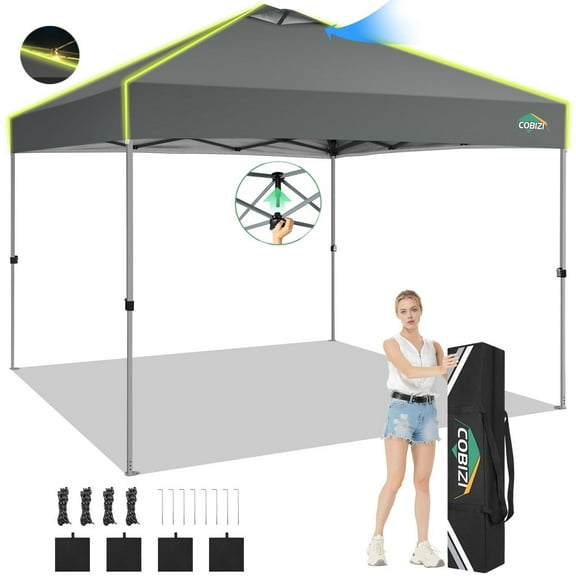 COBIZI 10x10 Pop Up Canopy Tent, Outdoor Party Tent Without Sidewall One Push Setup Glow, 3 Adjustable Height Air Vent Waterproof UPF50+, Bag, 4 Sandbag, 8 Stake, 4 Rope for Beach, Commercial Black