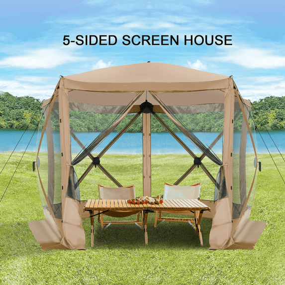 COBIZI 10x10 Pop up Gazebo Screen Tent Screen House for Camping,5 Sided Pop-up Camping Canopy Shelter Tent with Mesh Windows,Portable Outdoor Quick-set Hub Tent with Carrying Bag&Ground Stakes,Khaki