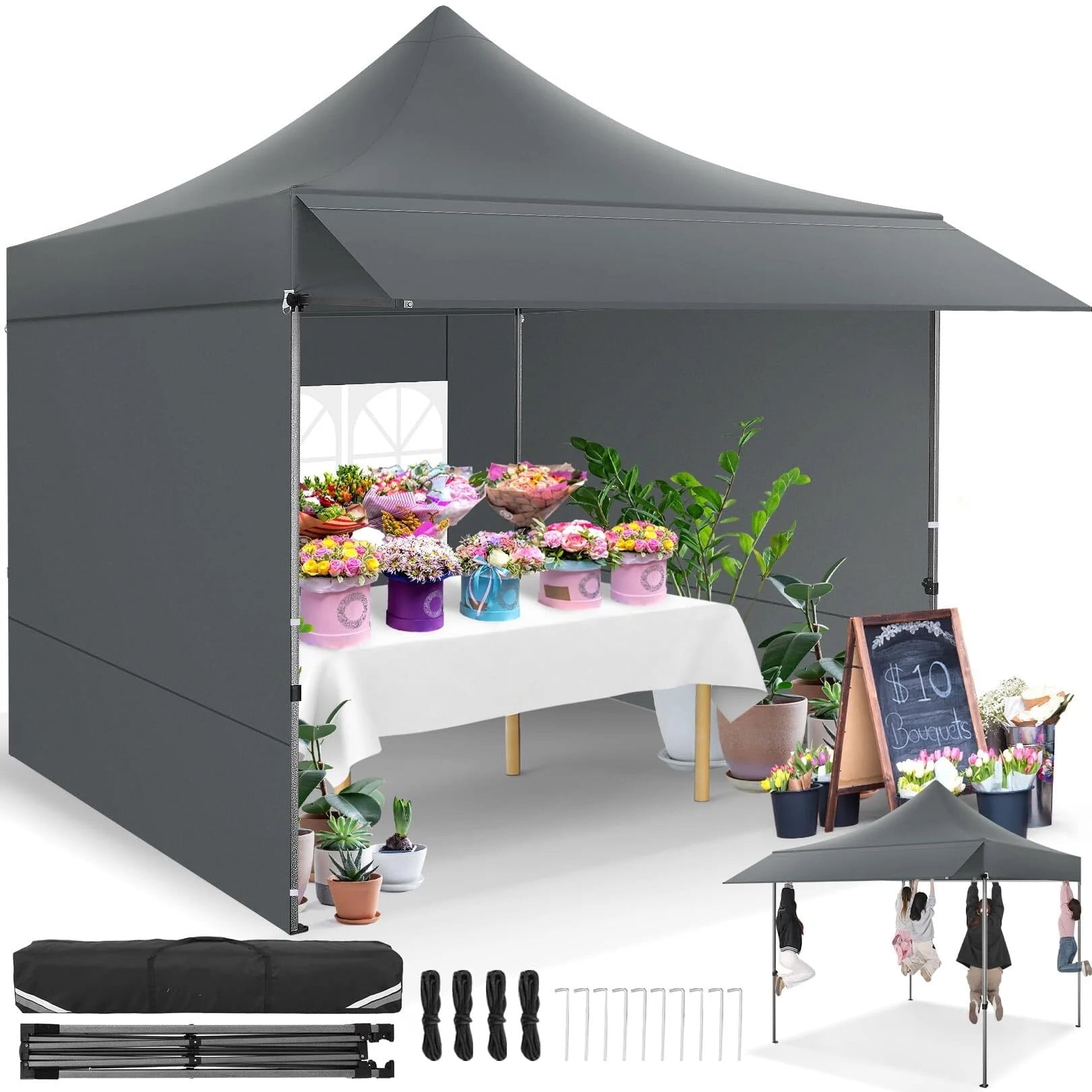Gray 10x10 Metal Frame Pop-Up Canopy with Mesh Sidewalls