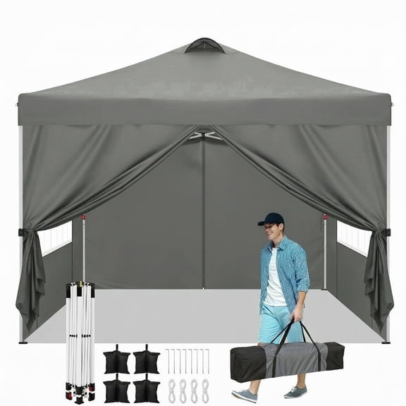 COBIZI 10x10 Pop Up Canopy Tent with Sidewalls, Waterproof Instant Canopy UPF 50+ with Air Vents, Sandbags, Stakes & Ropes, Carry Bag, Shelter for Outdoor Party, Camping, Backyard, Beach, Gray