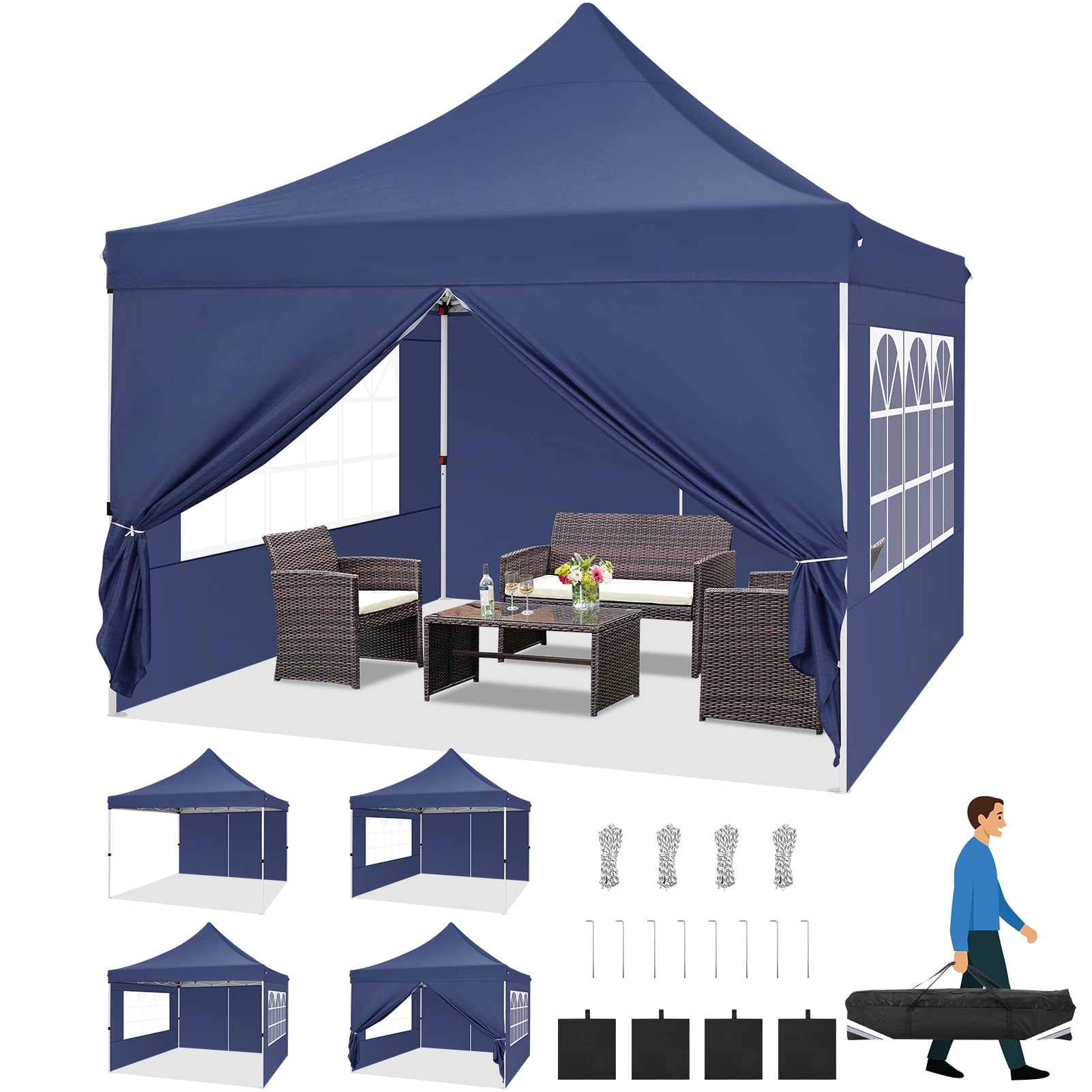 Dark Blue 10x10 Waterproof Alloy Steel Pop-Up Canopy Tent with Sidewalls