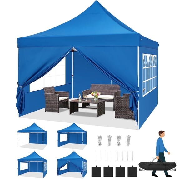 COBIZI 10x10 Pop-Up Canopy Tent with Sidewalls,Ez Waterproof Commercial Party Tent, UV 50+ Outdoor Instant Gazebo, Event Shelter for Garden Parties and Camping, Includes Sandbags,Blue