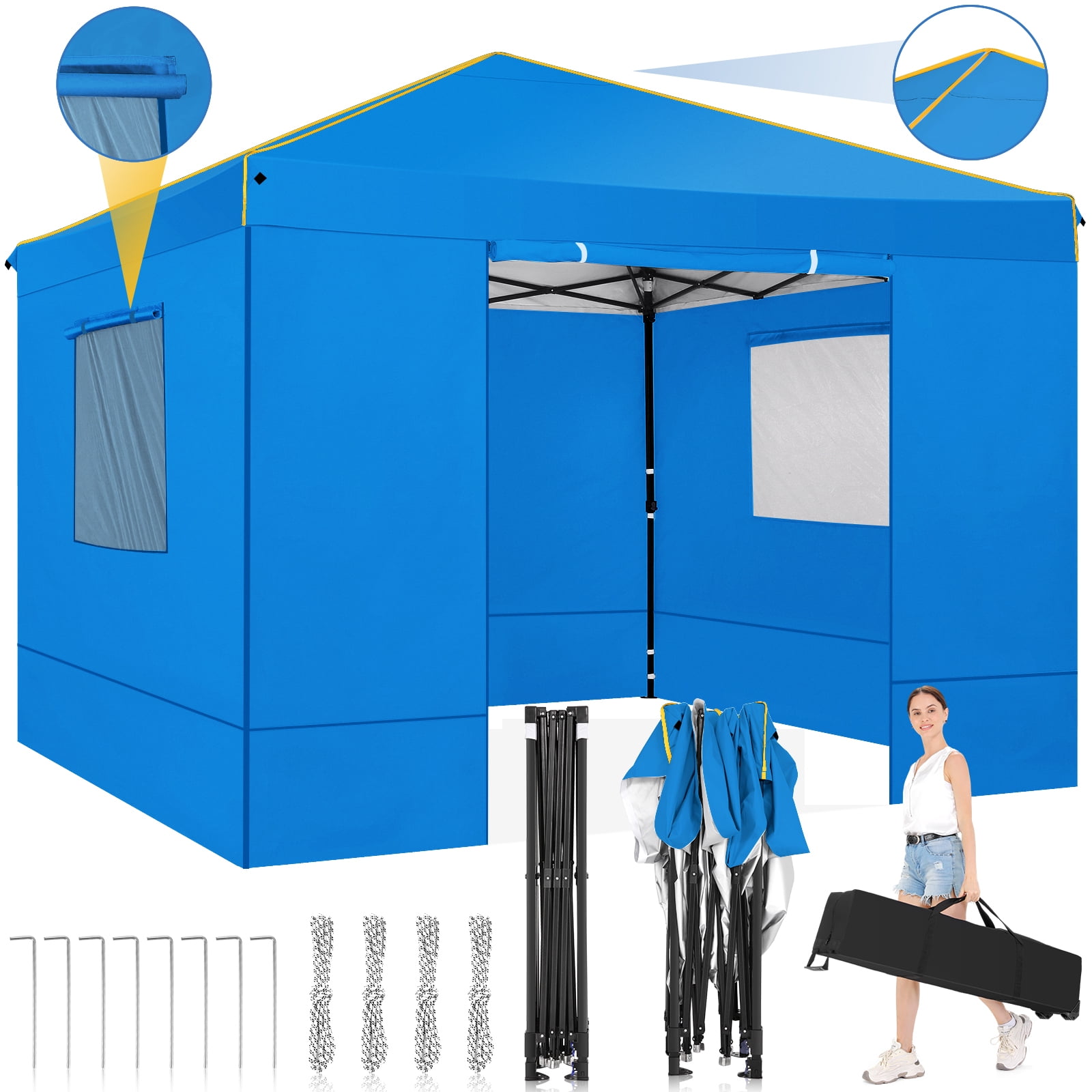 10x10 Blue Pop-Up Canopy Tent with Mesh Windows and Removable Sidewalls