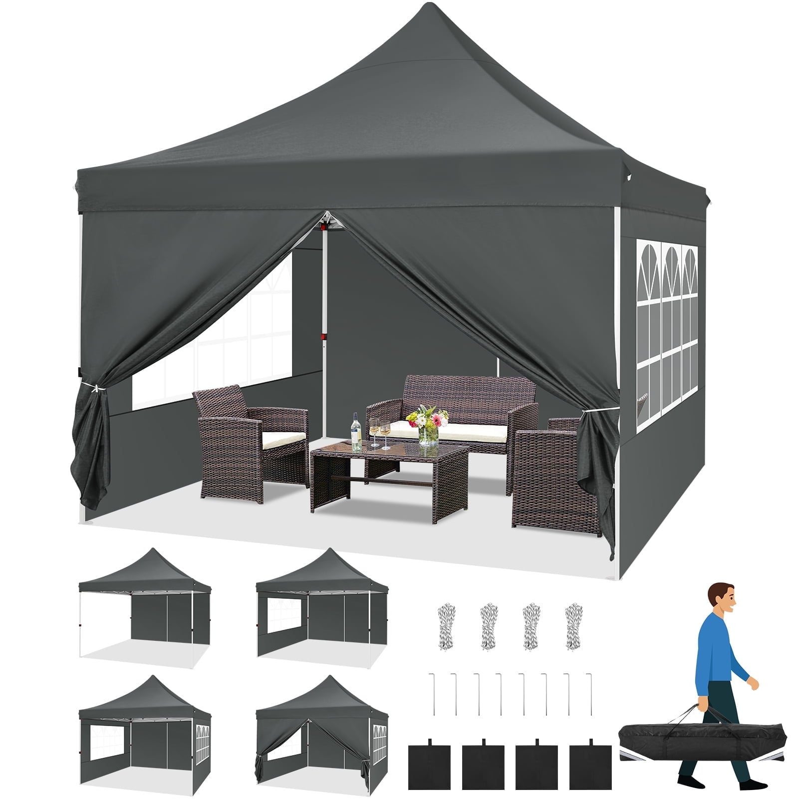Gray 10x10 Metal Frame Pop-Up Canopy with Mesh Sidewalls
