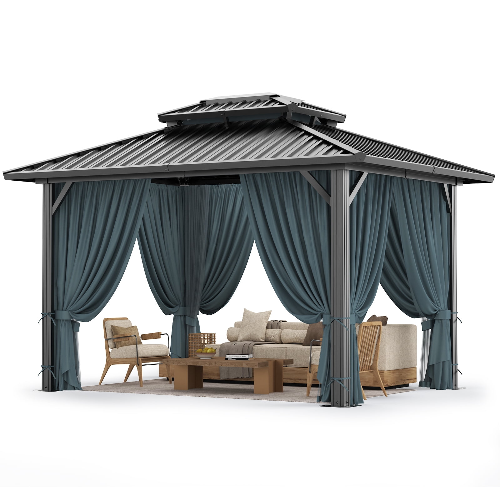 The Coupon deal of  COBIZI 10x12 Hardtop Gazebo Aluminum Metal Gazebos Galvanized Steel Double Roof Permanent Hardtop Gazebo with Netting and Curtains Aluminum Frame Steel Gazebos for Deck, Lawns and Backyard, Black