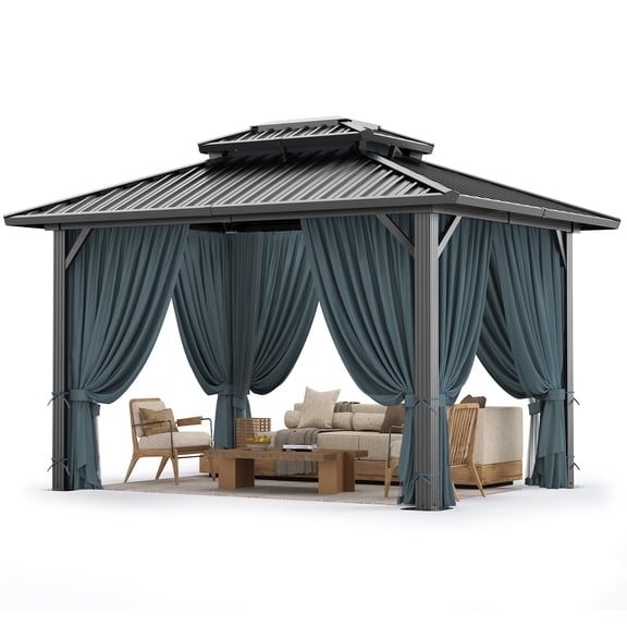 COBIZI 10x12 Hardtop Gazebo Aluminum Metal Gazebos Galvanized Steel Double Roof Permanent Hardtop Gazebo with Netting and Curtains Aluminum Frame Steel Gazebos for Deck, Lawns and Backyard, Black