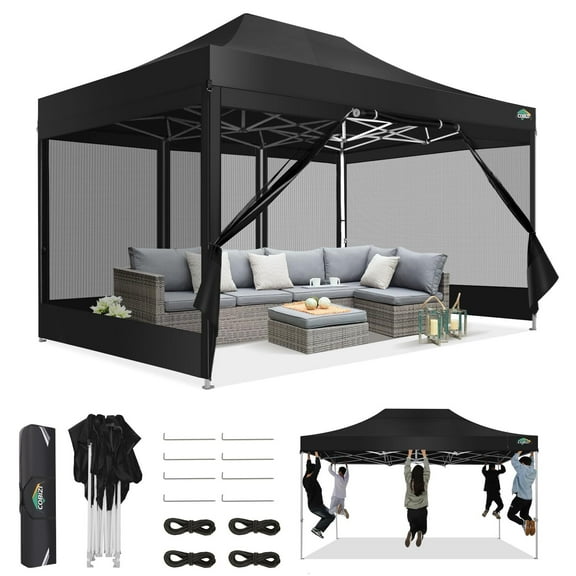 COBIZI 10x15 Canopy Tent, Heavy Duty Pop up Canopy with Sidewalls, Waterproof Easy Setup Canopy with Mosquito Netting, Outdoor Instant Screen Tents for Parties, Backyard with Carry Bag, Black