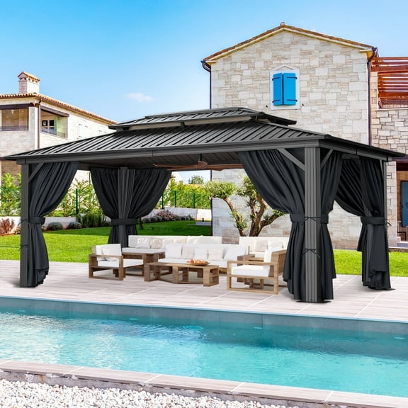COBIZI 10x15 Hardtop Gazebo Aluminum Gazebos with Galvanized Steel Double Roof Metal Gazebo with Curtains and Netting Permanent Hardtop Gazebos Steel Gazebo for Backyard, Garden and Patio, Black