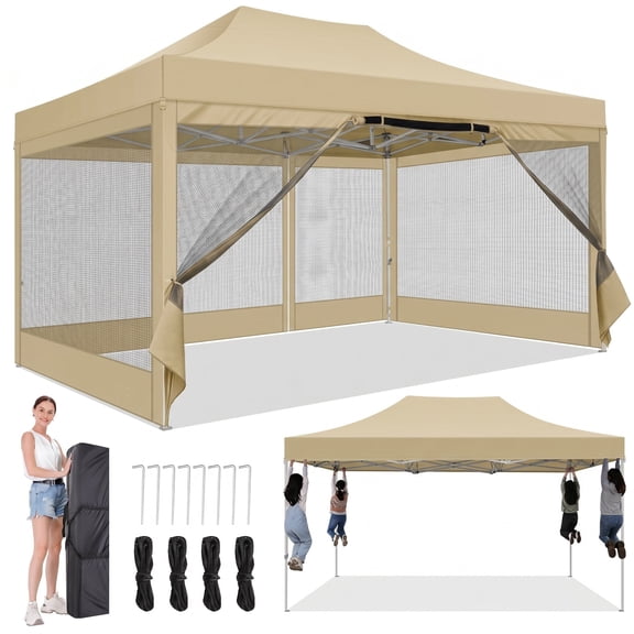 COBIZI 10x15 Heavy Duty Pop Up Canopy Tent with Mosquito Netting-Waterproof UPF 50+ Gazebo with Mesh Sidewalls for Party,Backyard&Camping,Beige
