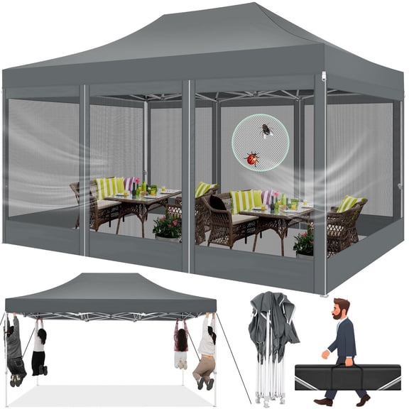 COBIZI 10x15 Heavy Duty Pop up Canopy with Mosquito Net,Instant Outdoor Shelter Large Canopy Tent for Outside,Gazebo with Mesh Sidewalls for Party,Backyard,Camping,Gray