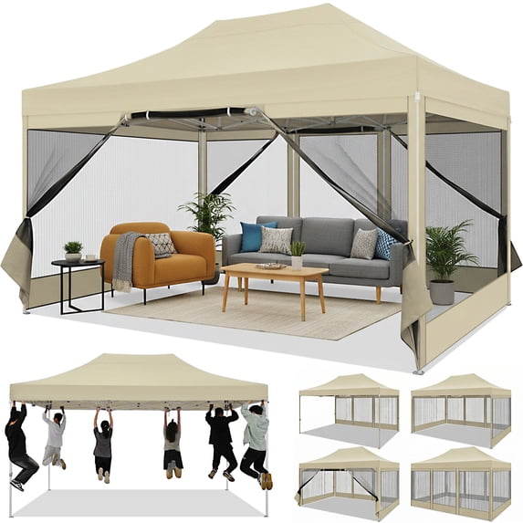 HOTEEL 10x15 Heavy Duty Pop up Canopy with Mosquito Net,Instant Outdoor Shelter Large Canopy Tent for Outside,Gazebo with Mesh Sidewalls for Party,Backyard,Camping,Khaki