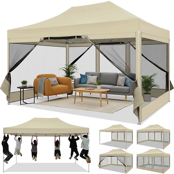 HOTEEL 10x15 Heavy Duty Pop up Canopy with Mosquito Net,Instant Outdoor Shelter Large Canopy Tent for Outside,Gazebo with Mesh Sidewalls for Party,Backyard,Camping,Khaki