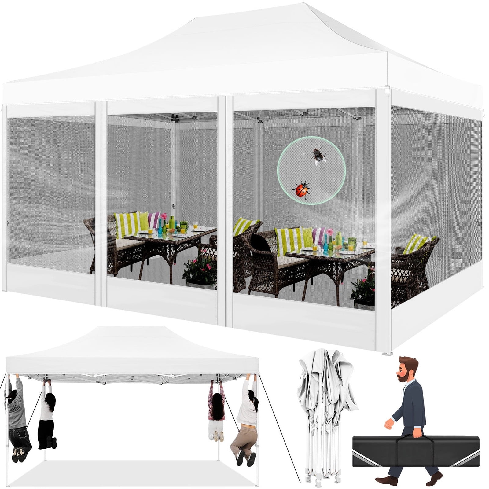 The Coupon deal of  COBIZI 10x15 Heavy Duty Pop up Canopy with Mosquito Net,Instant Outdoor Shelter Large Canopy Tent for Outside,Gazebo with Mesh Sidewalls for Party,Backyard,Camping,White