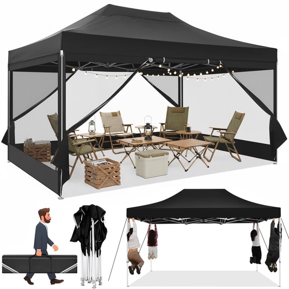 COBIZI 10x15 Heavy Duty Pop up Canopy with Mosquito Net,Pop-up Canopy with Screen Instant Outdoor Shelter Party Canopy Tent for Outside,Gazebo with Netting Sidewalls for Patio,Party,Garden,Black