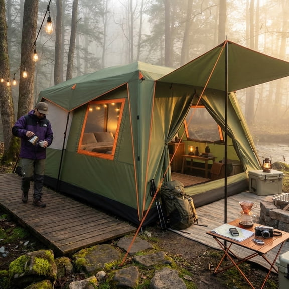 COBIZI 10x14FT Heavy Duty Camping Tent for 10 Person, Waterproof Double Layer Outdoor Shelter with 4 Sidewalls, Wind Ropes and Stakes,Green