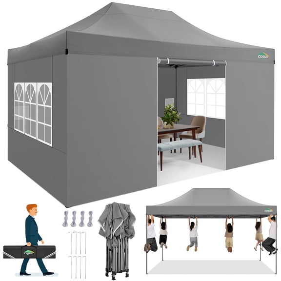 COBIZI 10x15 Pop up Canopy Gazebo 3.0, Easy up Heavy Duty Canopy with 4 Removable Sidewalls, High Stability, All Weather Sunshade 100% Waterproof Outdoor Canopy Tents, Gray