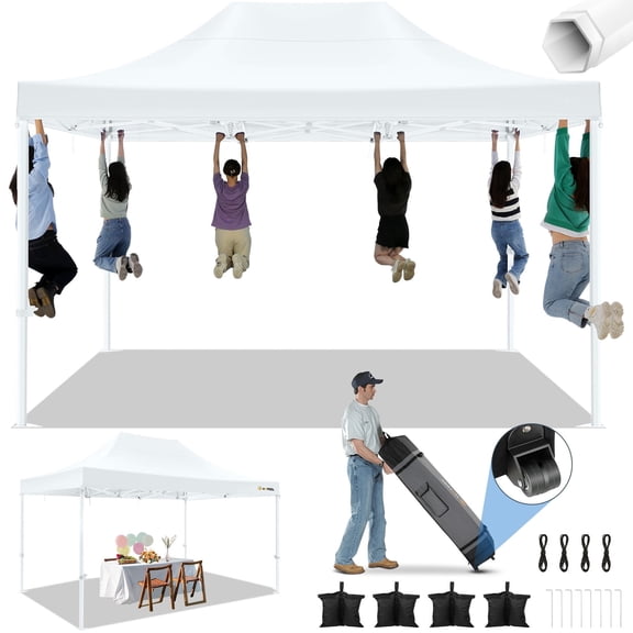 COBIZI 10x15 Pop up Canopy Tent, 10 x 15 Heavy Duty Ez up Canopy, Commercial Instant Party Tent with Roller Bag & Sand Bags, Waterproof & UPF 50+,White(Frame Thickened & Windproof)