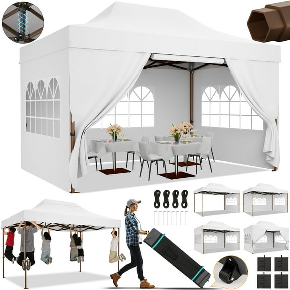 COBIZI 10x15 Pop Up Canopy Tent Heavy Duty with Sidewall, Commercial Outdoor Easy Pop Up Gazebo for Party Wedding All Weather Waterproof UV 50+ with Roller Bag(Leg Upgraded),White