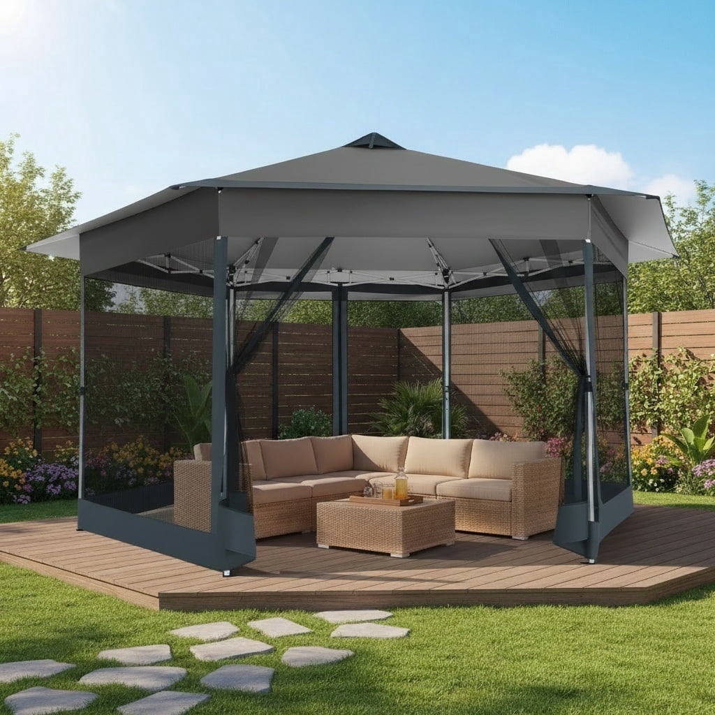COBIZI 16' x 16' Pop-Up Gazebo Canopy Tent with Netting, Adjustable Height Outdoor Patio Shelter with Vented Top, 256 Sq. Ft. Shade for Backyard, Garden, Party, Gray