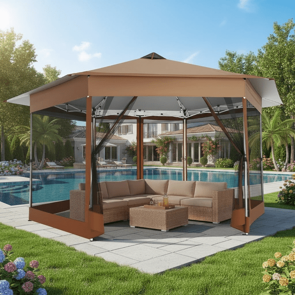 COBIZI 16' x 16' Pop-Up Gazebo Canopy Tent with Netting, Adjustable Height Outdoor Patio Shelter with Vented Top, 256 Sq. Ft. Shade for Backyard, Garden, Party, Brown