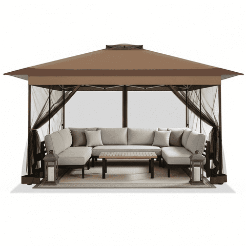 COBIZI 10x15 Pop-Up Gazebo with Mosquito Netting, Outdoor Patio Canopy Tent with 2-Tier Ventilated Roof, 3 Adjustable Heights, Provides 150 Sq Ft Shade, Brown
