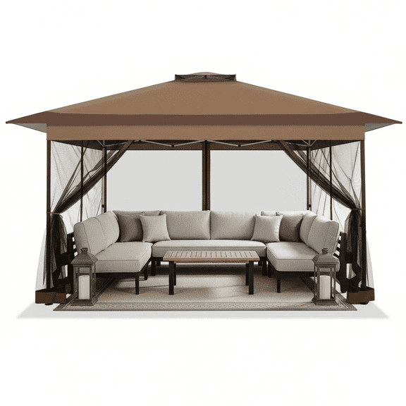 COBIZI 10x15 Pop-Up Gazebo with Mosquito Netting, Outdoor Patio Canopy Tent with 2-Tier Ventilated Roof, 3 Adjustable Heights, Provides 150 Sq Ft Shade, Brown