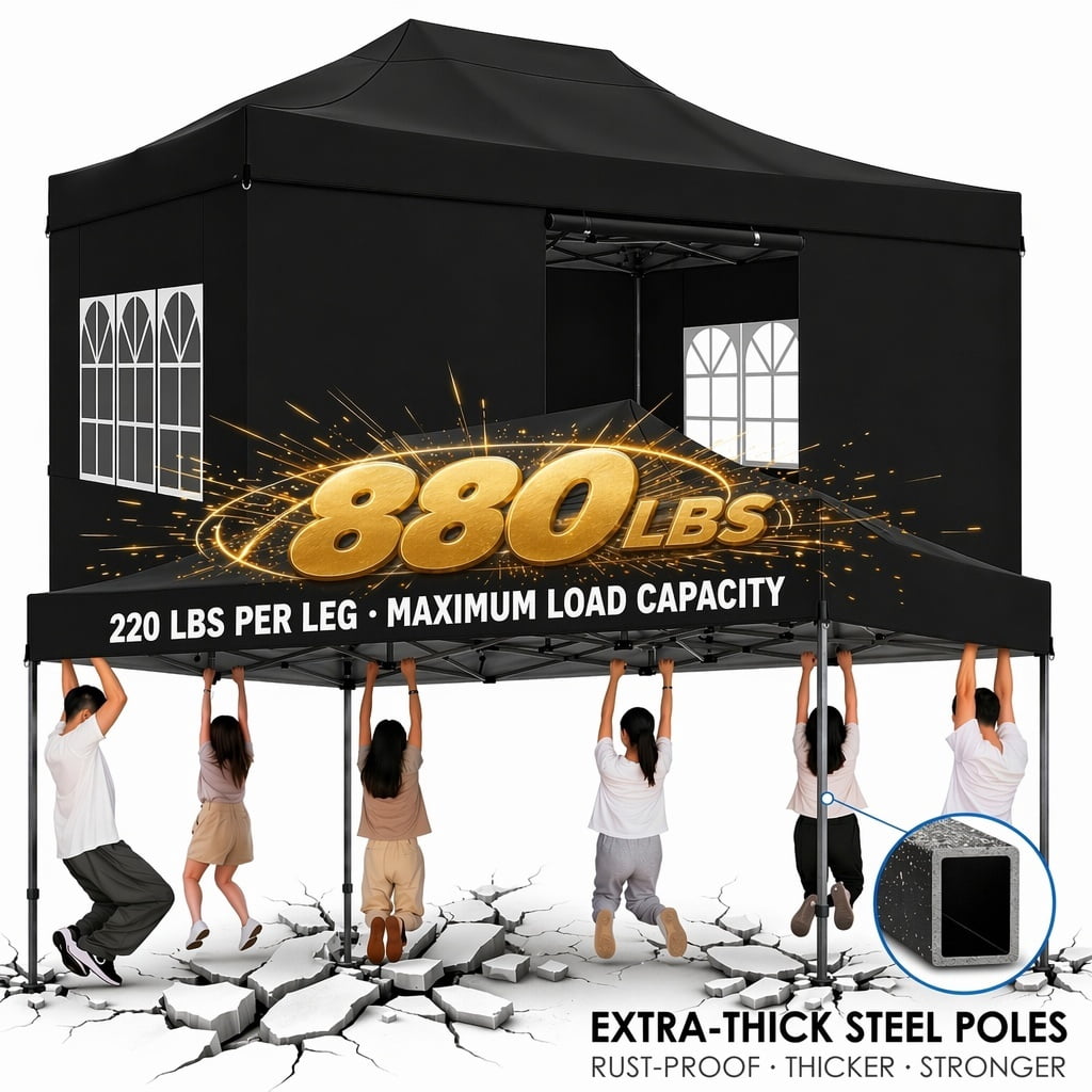 COBIZI 10x15FT Heavy Duty Pop Up Canopy Tent with 4 Sidewalls, Waterproof & Windproof, Easy Setup Outdoor Shelter for Weddings, Parties & BBQ, Includes Stakes, Sandbags, Ropes & Carry Bag, Black