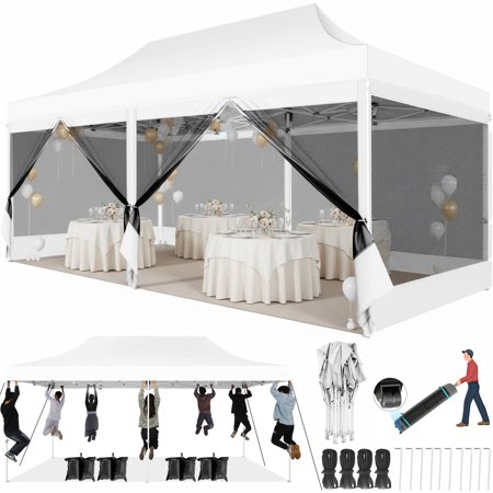 COBIZI 10x20 Canopy Heavy Duty Tent,Pop Up Canopy Gazebo with Netting Screened,Waterproof&Sunproof Ez up Canopy with Sidewalls,Outdoor Instant Screened Gazebo for Backyard,Wedding,Birthday,BBQ,White