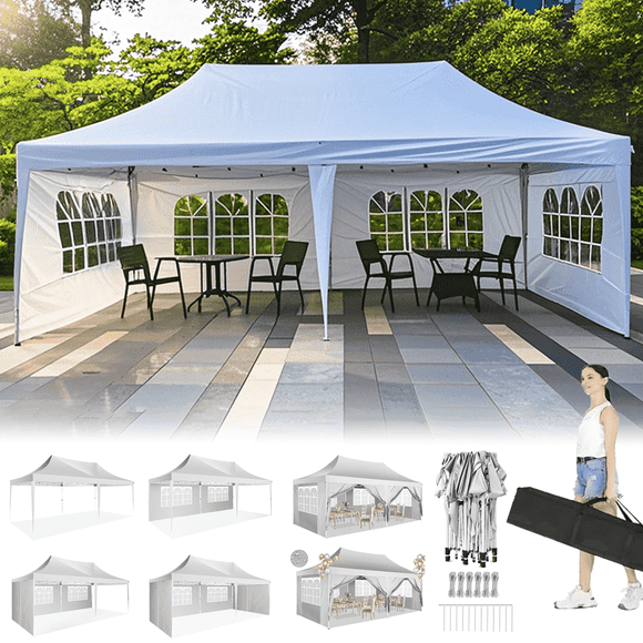 COBIZI 10x20 EZ Pop Up Canopy Tent for Party Outdoor Canopy with 6 Sidewalls Gazebo for Backyard Wedding Camping Events Waterproof & UV50+ Carry Bag,White(Frame Upgraded)