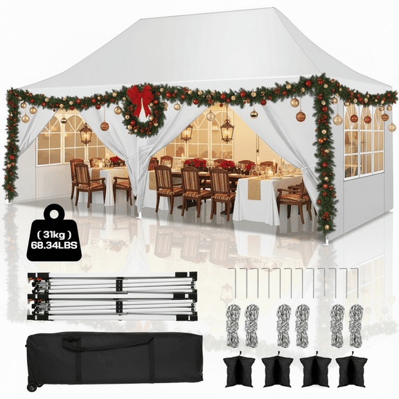 COBIZI 10'x20' Pop Up Canopy Tent with 6 Removable Sidewalls, Instant Outdoor Shelter with Raised Roof, Heavy-Duty Stable Frame and Carry Bag, White