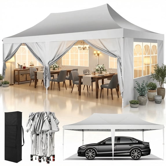 COBIZI 10'x20' Pop Up Canopy Tent with 6 Removable Sidewalls, Instant Outdoor Shelter with Raised Roof, Heavy-Duty Stable Frame and Carry Bag, White